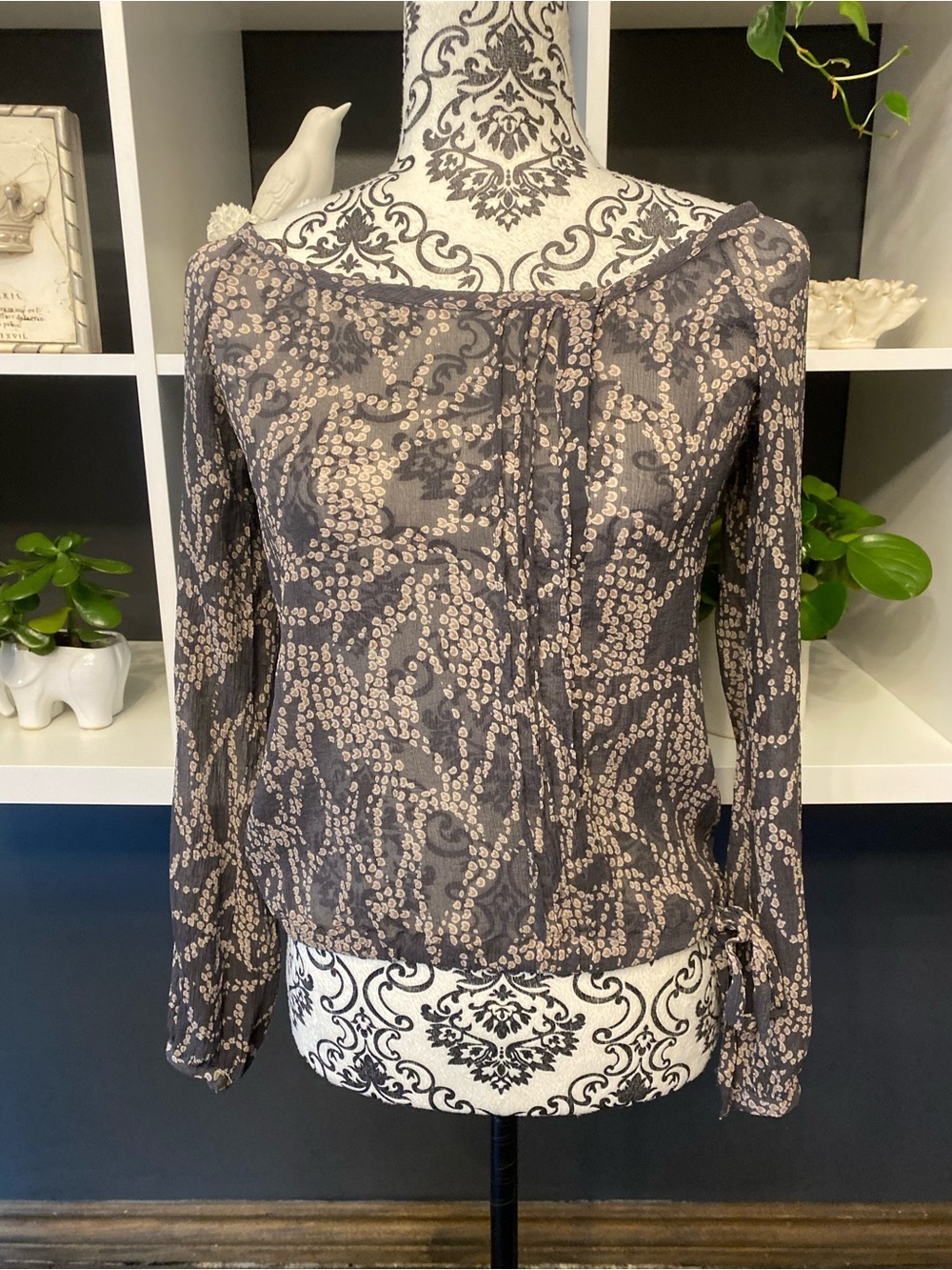 Club Monaco Sheer Long-Sleeve Printed Blouse in Grey and Cream